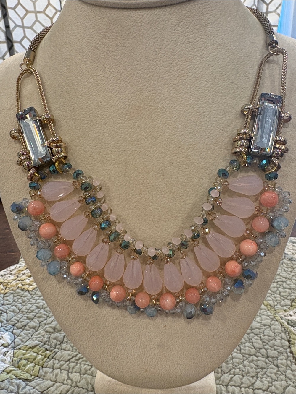 Pink, Coral & Blue Austrian Crystal Bib Necklace-NWT